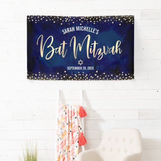 Navy Gold Bat Mitzvah Modern Foil Glitzer Script Banner (Insitu)