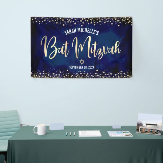 Navy Gold Bat Mitzvah Modern Foil Glitzer Script Banner (Messeveranstaltung)