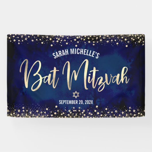 Navy Gold Bat Mitzvah Modern Foil Glitzer Script Banner (Horizontal)