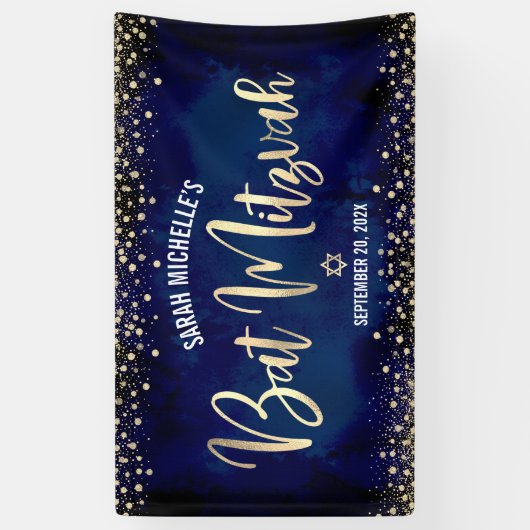 Navy Gold Bat Mitzvah Modern Foil Glitzer Script Banner (Vertikal)