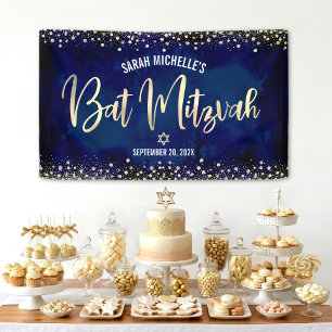 Navy Gold Bat Mitzvah Modern Foil Glitzer Script Banner