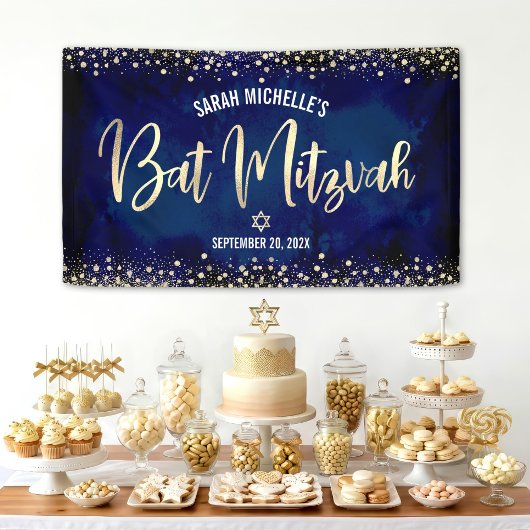 Navy Gold Bat Mitzvah Modern Foil Glitzer Script Banner