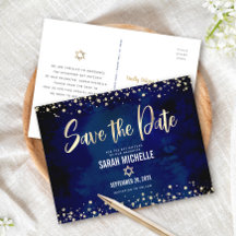 Navy Gold Bat Mitzvah Save the Date Modernes Scrip