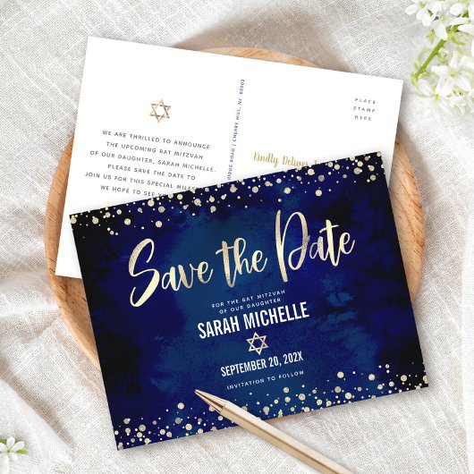 Navy Gold Bat Mitzvah Save the Date Modernes Scrip Einladungspostkarte