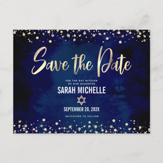 Navy Gold Bat Mitzvah Save the Date Modernes Scrip Einladungspostkarte (Vorderseite)