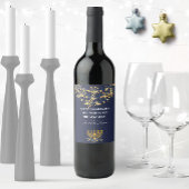 Navy & Gold Blume Menorah Navy Happy Hanukkah Weinetikett