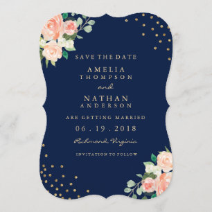 Navy Gold Blumen Konfetti Hochzeit Termin vormerke Save The Date