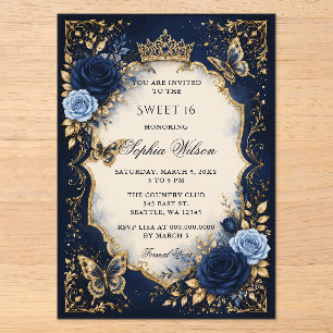 Navy Gold Blumen Schmetterling Sweet 16 Acryleinladungen