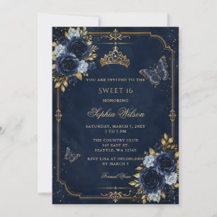 Navy Gold Blumen Schmetterling Sweet 16 Einladung