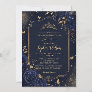 Navy Gold Blumen Schmetterling Sweet 16 Einladung