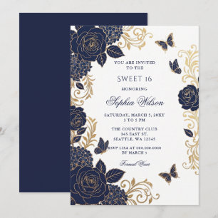 Navy Gold Blumen Schmetterling Sweet 16 Einladung