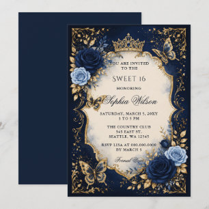 Navy Gold Blumen Schmetterling Sweet 16 Einladung