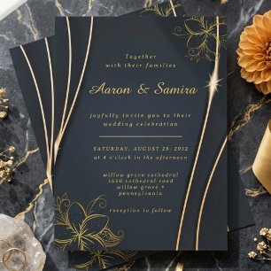 Navy Gold Blumenlinie-Kunst Elegante Hochzeit Einladung