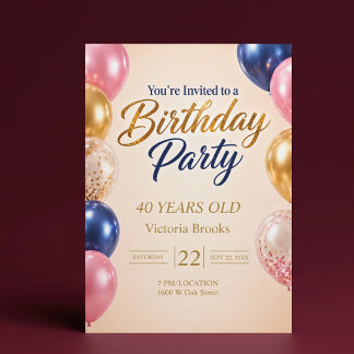 Navy Gold & Blush Ballon Geburtstagsfeier Einladung