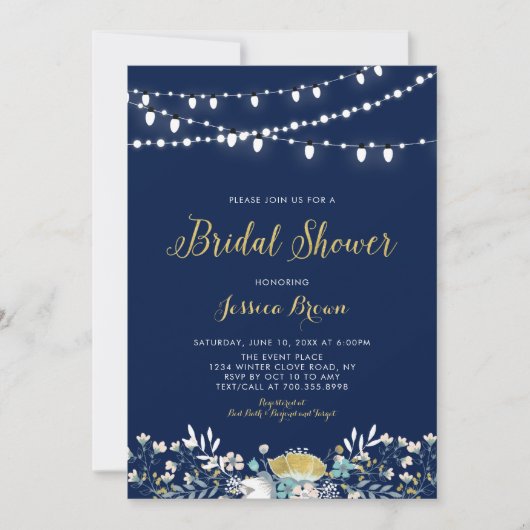 Navy & Gold Boho Floral Bridal Polterabend Invi Einladung (Vorderseite)