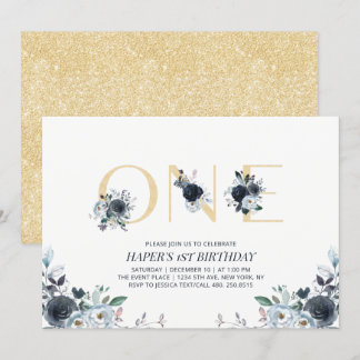 Navy & Gold Boho Floral Erster Geburtstag Party Einladung