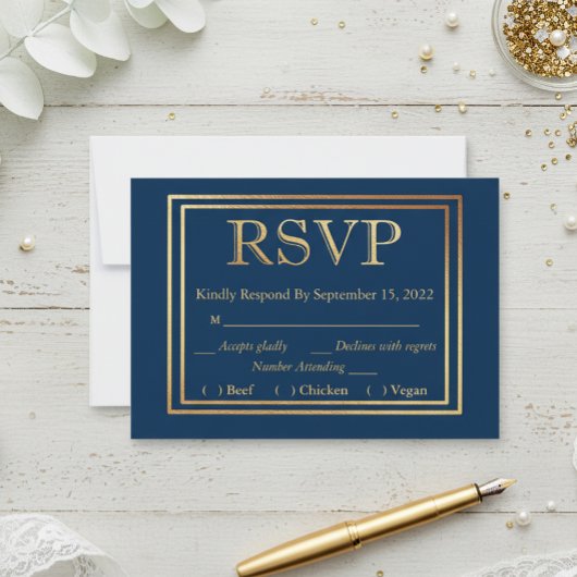 Navy Gold Border UAWG Wedding Simple Meal Choice RSVP Karte