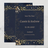 Navy Gold Botanische Hochzeit Save The Date (Vorne/Hinten)
