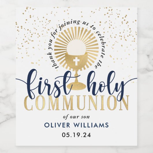 Navy & Gold Boy Erste heilige Kommune Vielen Dank Weinetikett (Einzelnes Label)