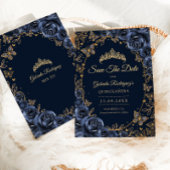Navy Gold Butterflies Roses Quinceanera Save The Date