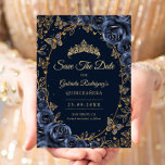 Navy Gold Butterflies Roses Quinceanera Save The Date<br><div class="desc">Navy Blue and gold Quinceanera celebration Save The Date card. Features,  script font,  butterflies,  watercolor roses and tiara. Perfect for an elegant princess style glam celebration. Personalize with your own details. Printed Zazzle cards or instant download digital printable template.</div>