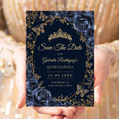 Navy Gold Butterflies Roses Quinceanera Save The Date