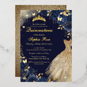 Navy Gold Butterfly Blumenkleid Quinceanera Folieneinladung