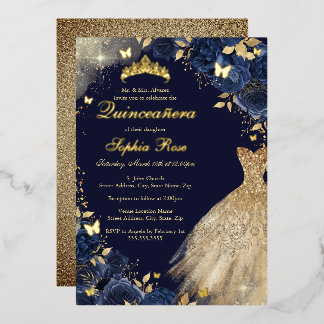 Navy Gold Butterfly Blumenkleid Quinceanera Folieneinladung