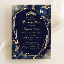 Navy Gold Butterfly Floral Quinceanera Folieneinladung