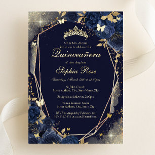 Navy Gold Butterfly Floral Quinceanera Folieneinladung