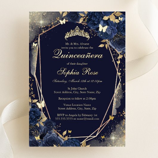 Navy Gold Butterfly Floral Quinceanera Folieneinladung