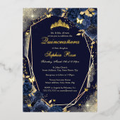 Navy Gold Butterfly Floral Quinceanera Folieneinladung (Vorderseite)