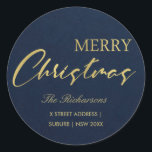 NAVY GOLD CALLIGRAPHY MERRY CHRISTMAS ADRESSE RUNDER AUFKLEBER<br><div class="desc">EINZIGARTIGE,  MODERNE,  ZEITGENÖSSISCHE,  TRENDY,  MINIMAL,  BOLD,  BRIGHT,  FUN,  CHEERFUL Produktpalette und koordinierte Kollektionen. Hoffe,  dass du...  Für weitere Anpassungen oder andere passende Artikel kontaktieren Sie mich bitte unter yellowfebstudio@gmail.com</div>