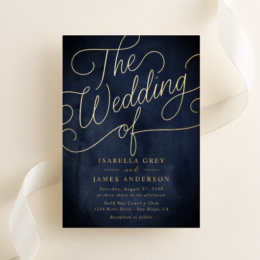 Navy Gold Calligraphy Script Wedding Folieneinladung
