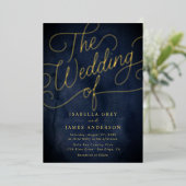 Navy Gold Calligraphy Script Wedding Folieneinladung (Stehend vorne)