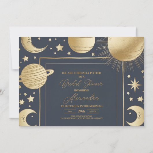 Navy Gold Celestist Crescent Moon Brautparty Einladung (Vorderseite)