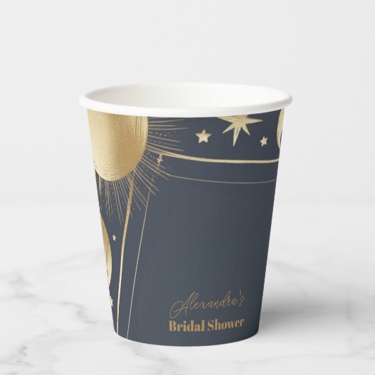 Navy Gold Celestist Crescent Moon Brautparty Pappbecher (Vorderseite)