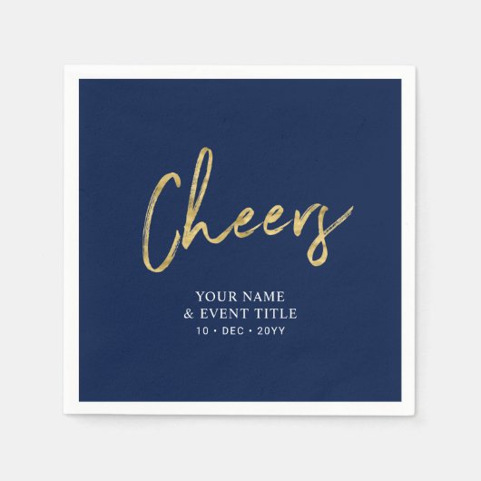 Navy & Gold Cheers Brush Script Party Feiern Serviette (Vorderseite)