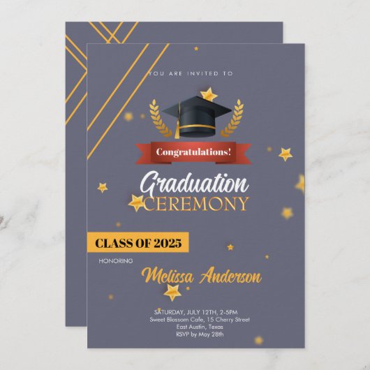 Navy Gold Class of 2025 Ceremony Invite Einladung (Vorne/Hinten)