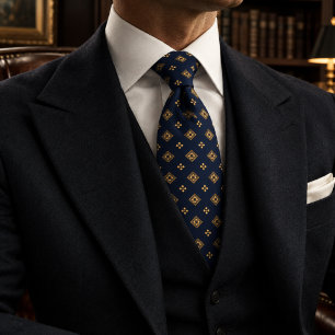 Navy Gold Classic Foulard Medaillon Diamant Krawatte