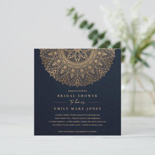NAVY GOLD CLASSIC VERZIERT MANDALA BRAUTPARTY EINLADUNG (Stehend Vorderseite)