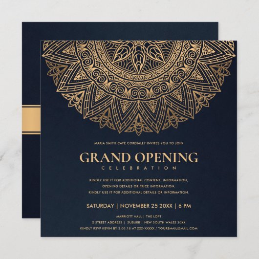 NAVY GOLD CLASSIC VERZIERT MANDALA GRAND ÖFFNUNG EINLADUNG (Vorne/Hinten)
