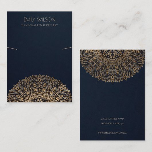 NAVY GOLD CLASSIC VERZIERT MANDALA NECKLACE DISPLA VISITENKARTE (Vorne/Hinten)
