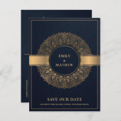 NAVY GOLD CLASSIC VERZIERT MANDALA SAVE THE DATE ANKÜNDIGUNGSPOSTKARTE (Vorne/Hinten)