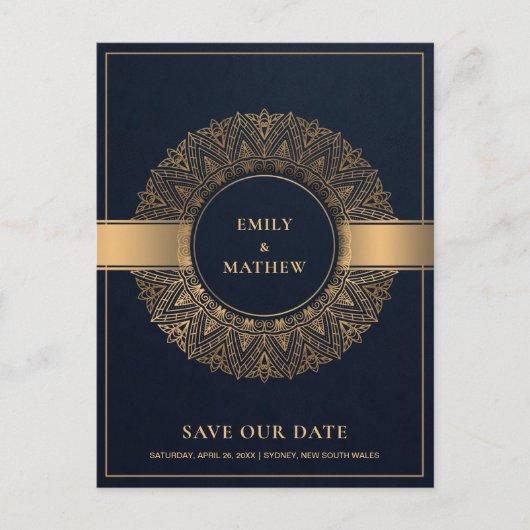 NAVY GOLD CLASSIC VERZIERT MANDALA SAVE THE DATE ANKÜNDIGUNGSPOSTKARTE (Vorderseite)