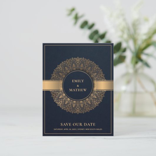 NAVY GOLD CLASSIC VERZIERT MANDALA SAVE THE DATE ANKÜNDIGUNGSPOSTKARTE (Stehend Vorderseite)