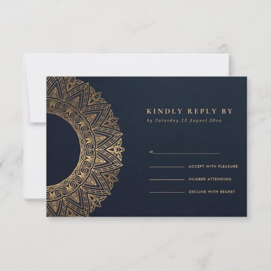 NAVY GOLD CLASSIC VERZIERT MANDALA WEDD RSVP KARTE (Vorderseite)