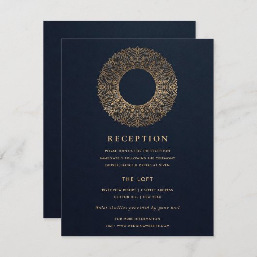 NAVY GOLD CLASSY VERZIERT MANDALA WEDDING REZEPTIO BEGLEITKARTE (Vorne/Hinten)