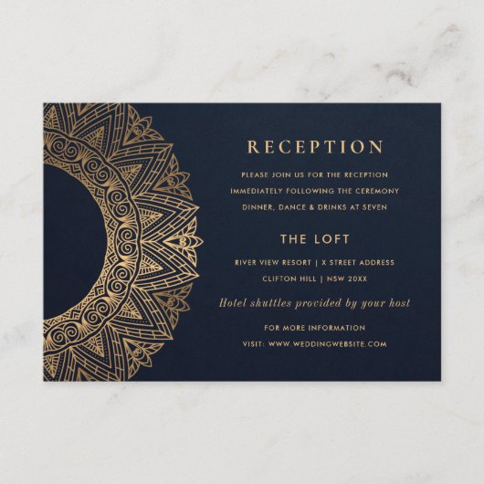 NAVY GOLD CLASSY VERZIERT MANDALA WEDDING REZEPTIO BEGLEITKARTE (Vorderseite)