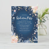 Navy Gold Confetti Floral Graduation Party Einladung (Stehend Vorderseite)
